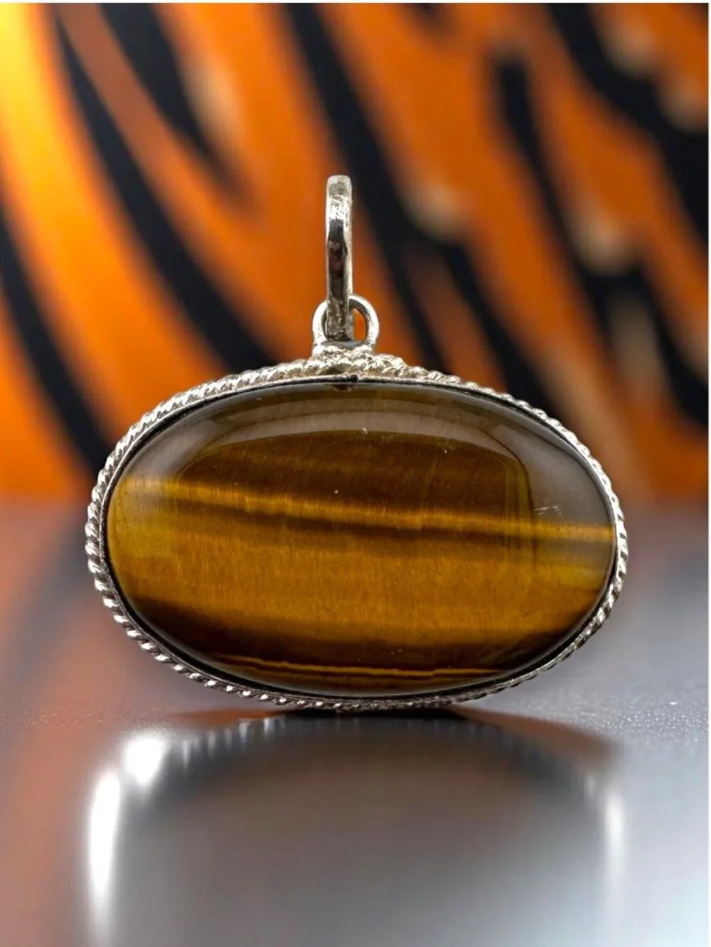 Large Tiger’s Eye Pendant East West Cabochon Vintage Silver Artisan